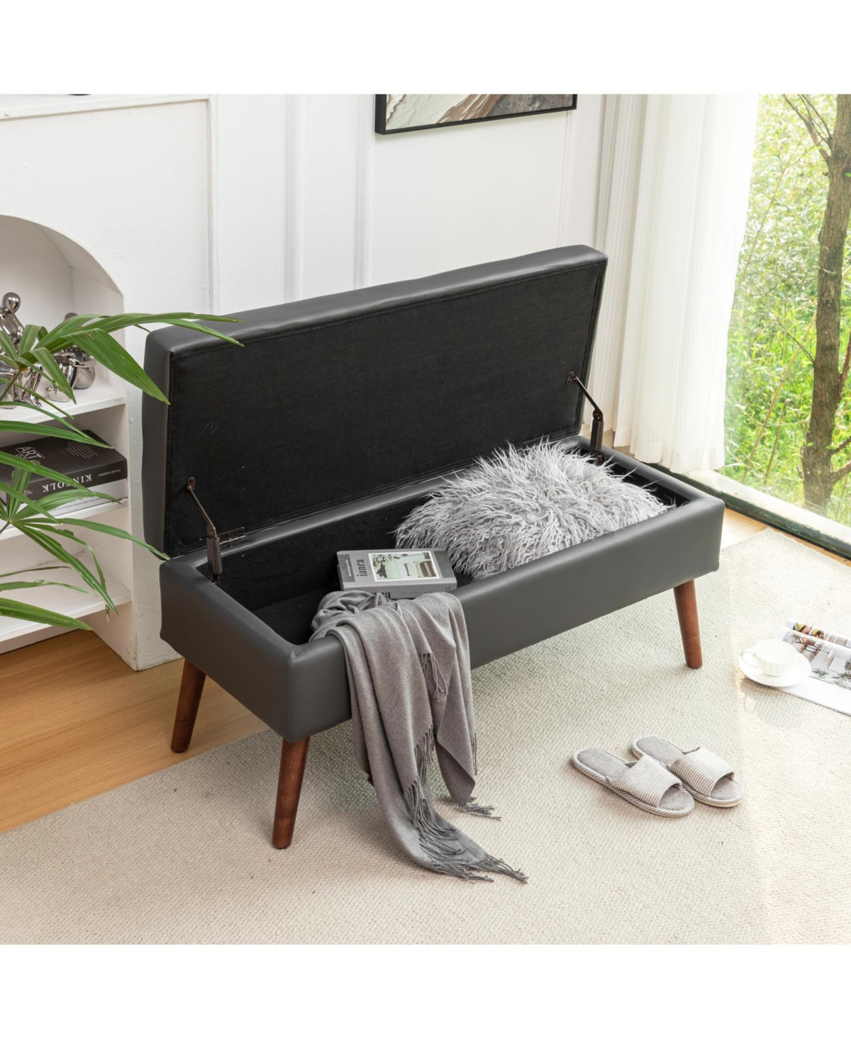 Streamdale Furniture Dark Grey Leather Storage Bench 43.3