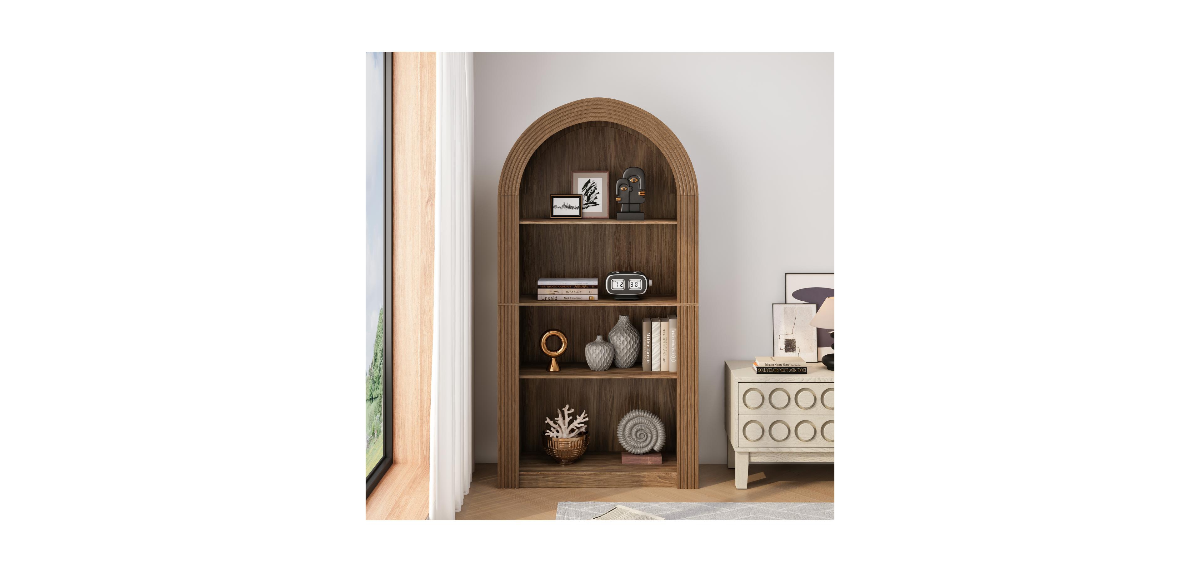 Streamdale Furniture 78" Arched Bookcase - Mid Century Modern 4-Tier Display Shelf (Brown)