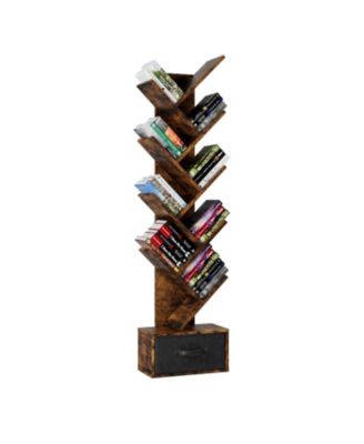 Rustic Brown 9-Tier Tree Bookshelf with Drawer