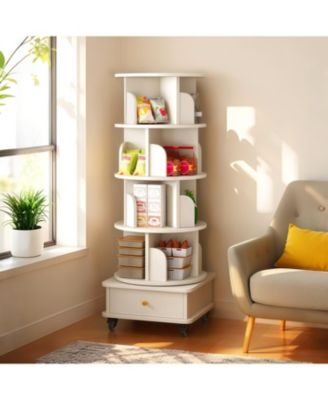 Rotating Bookshelf with Wheels & Drawer - White