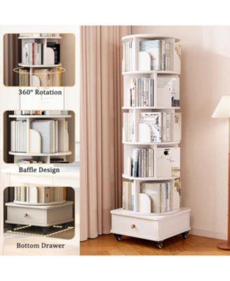 Rotating Bookshelf with Drawer, 6-Tier Corner Bookcase, White