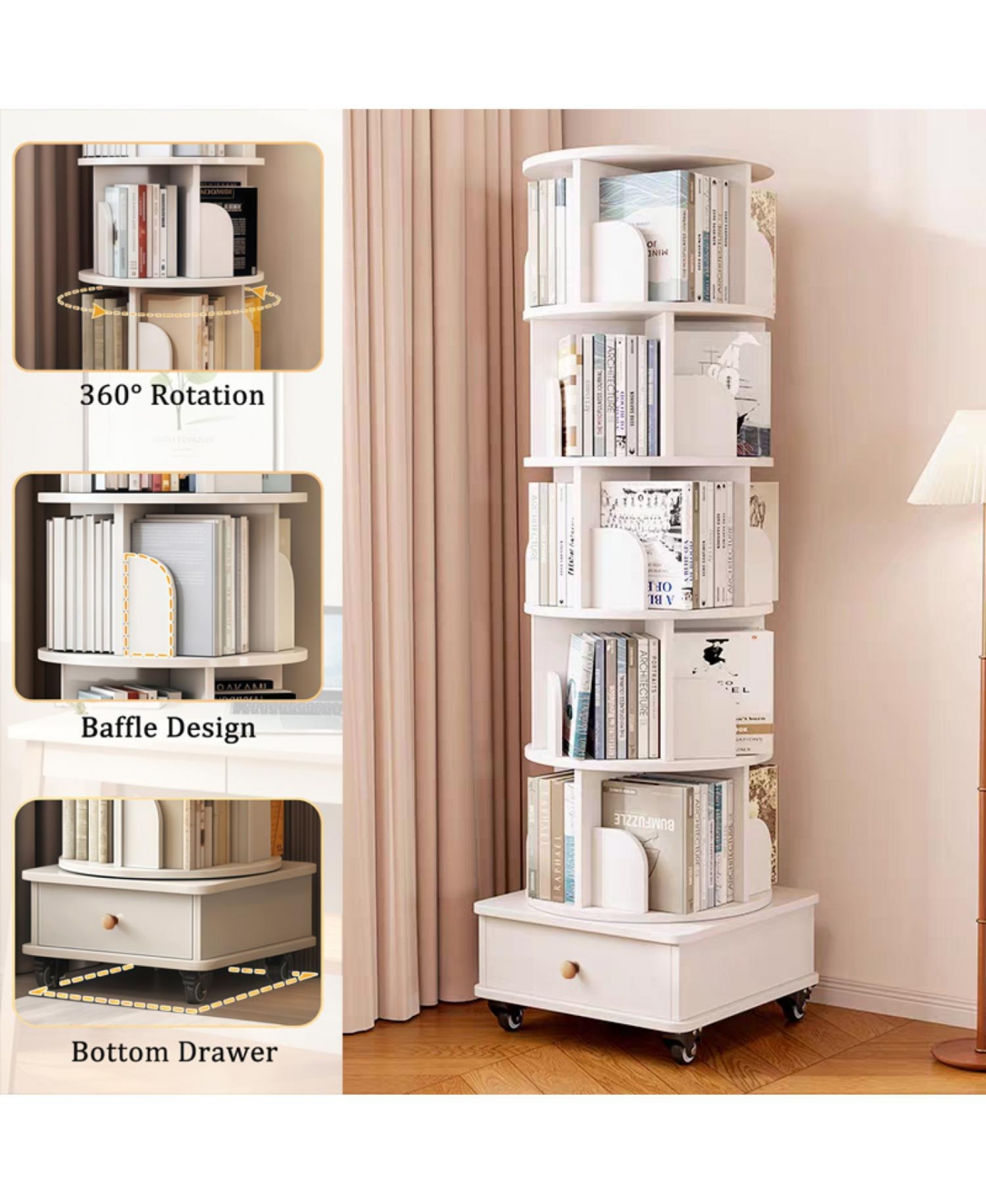 Streamdale Furniture Rotating Bookshelf with Drawer, 6-Tier Corner Bookcase, White