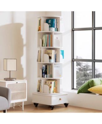 Rotating Bookshelf with Drawer, 6-Tier Corner Bookcase, White