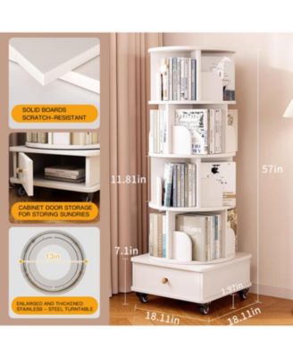  Rotating 5-Tier Corner Bookshelf with Drawer (White)