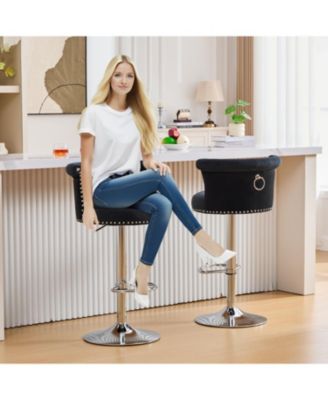 Streamdale Velvet Bar Stool, Adjustable Swivel, Silver Legs