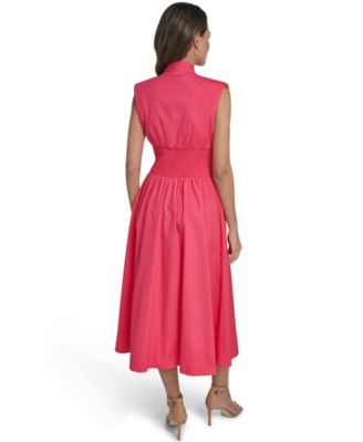 Women's Smock Waist Front Zip Midi Dress
