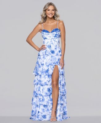 Juniors' Printed Corset Ruffle Gown
