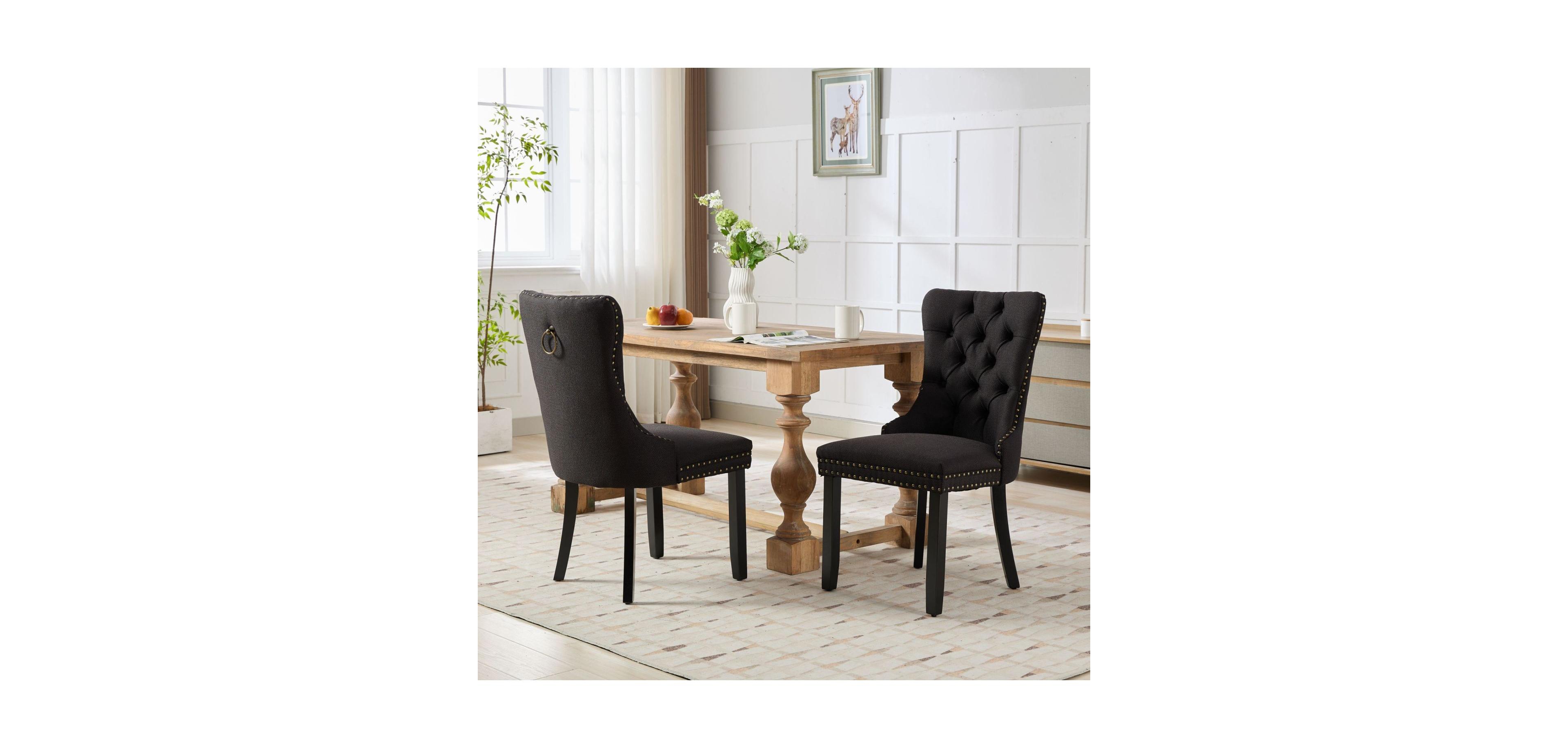 Streamdale Furniture Nikki Tufted Linen Dining Chair Set (2), Modern & Contemporary, Black Upholstery, Black Wood Legs