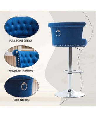 Velvet Bar Stool Set of 2, Adjustable Swivel, Silver Legs