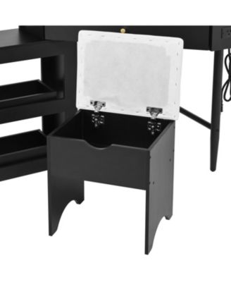 Streamdale Corner Vanity Desk Set, Cushioned Stool, Charging Station, Black