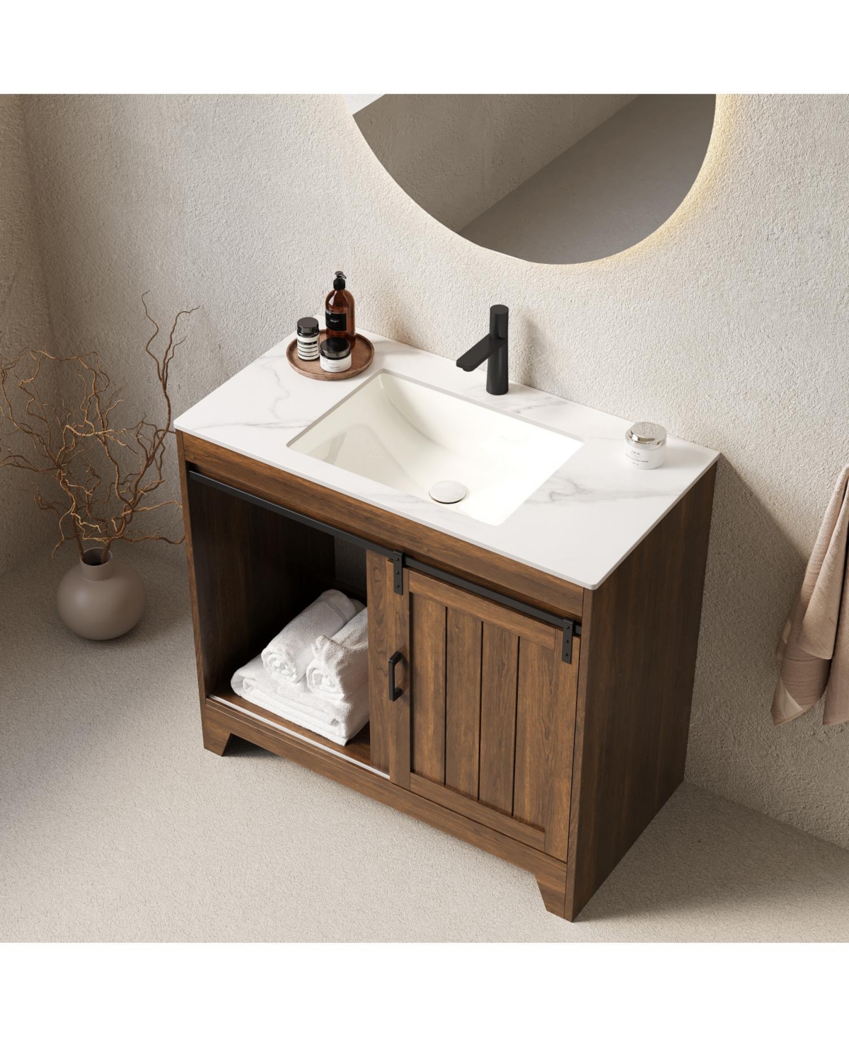 Streamdale Furniture Carrara Sintered Stone Vanity with Walnut Cabinet