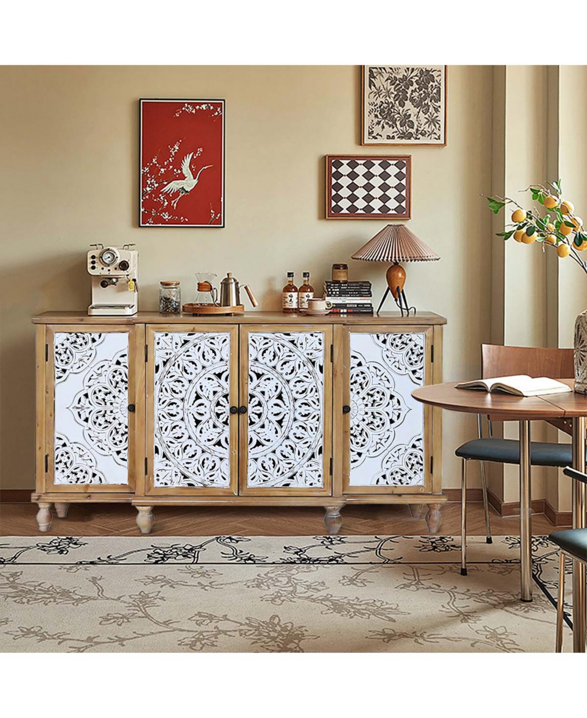 Streamdale Furniture Hollow-Carved Accent Cabinet Distressed Wood Adjustable Shelves