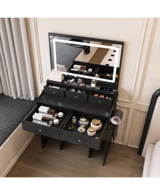 Modern Vanity Desk with Lighted Mirror & Power Outlet - Black