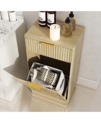 Oak Woodgrain Tilt-Out Trash Cabinet with Drawer & Pull-Out Bin