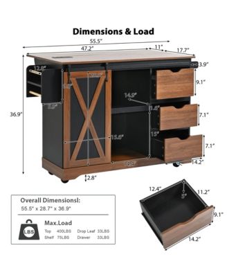Farmhouse Kitchen Island with Drop Leaf, Barn Door, Power, Rolling Cart