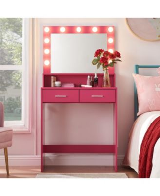 Rose Pink Vanity Desk with Lighted Mirror & Drawers