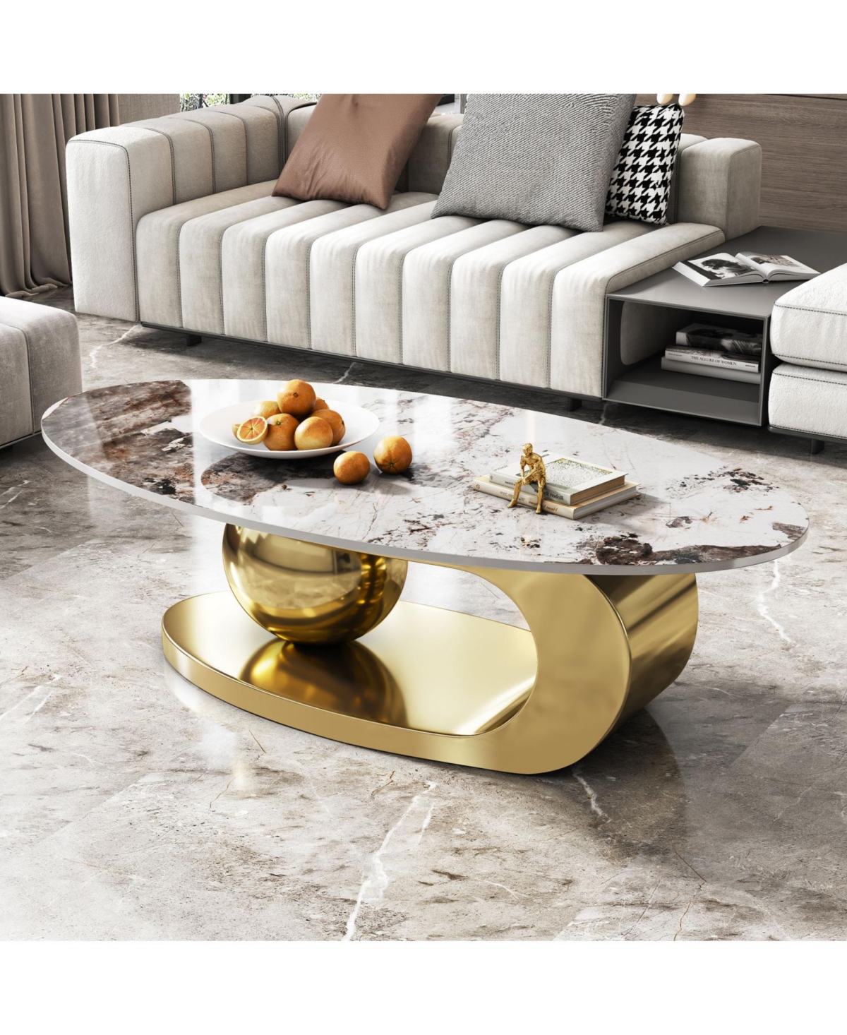 Streamdale Furniture Oval Faux Marble Coffee Table with Stainless Steel Base