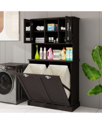 2-Compartment Tilt-Out Laundry Basket Cabinet with Shelves