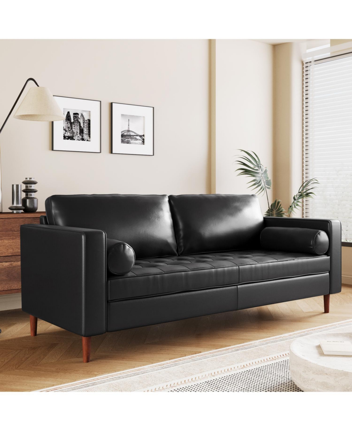 Streamdale Furniture Mid-Century Modern Tufted Sofa with Bolster Pillows