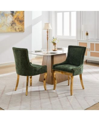 Chenille Dining Chairs, Gold Legs, Rivet Trim, Green, Set of 2