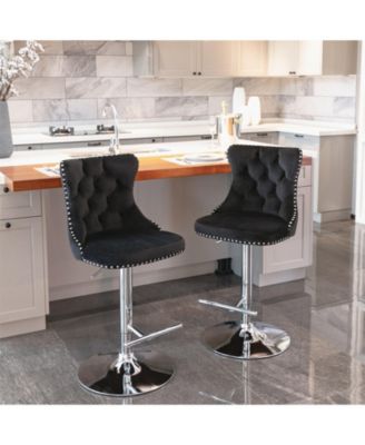 Velvet Swivel Barstools, Adjustable Height, Chrome Base, Set of 2, Black