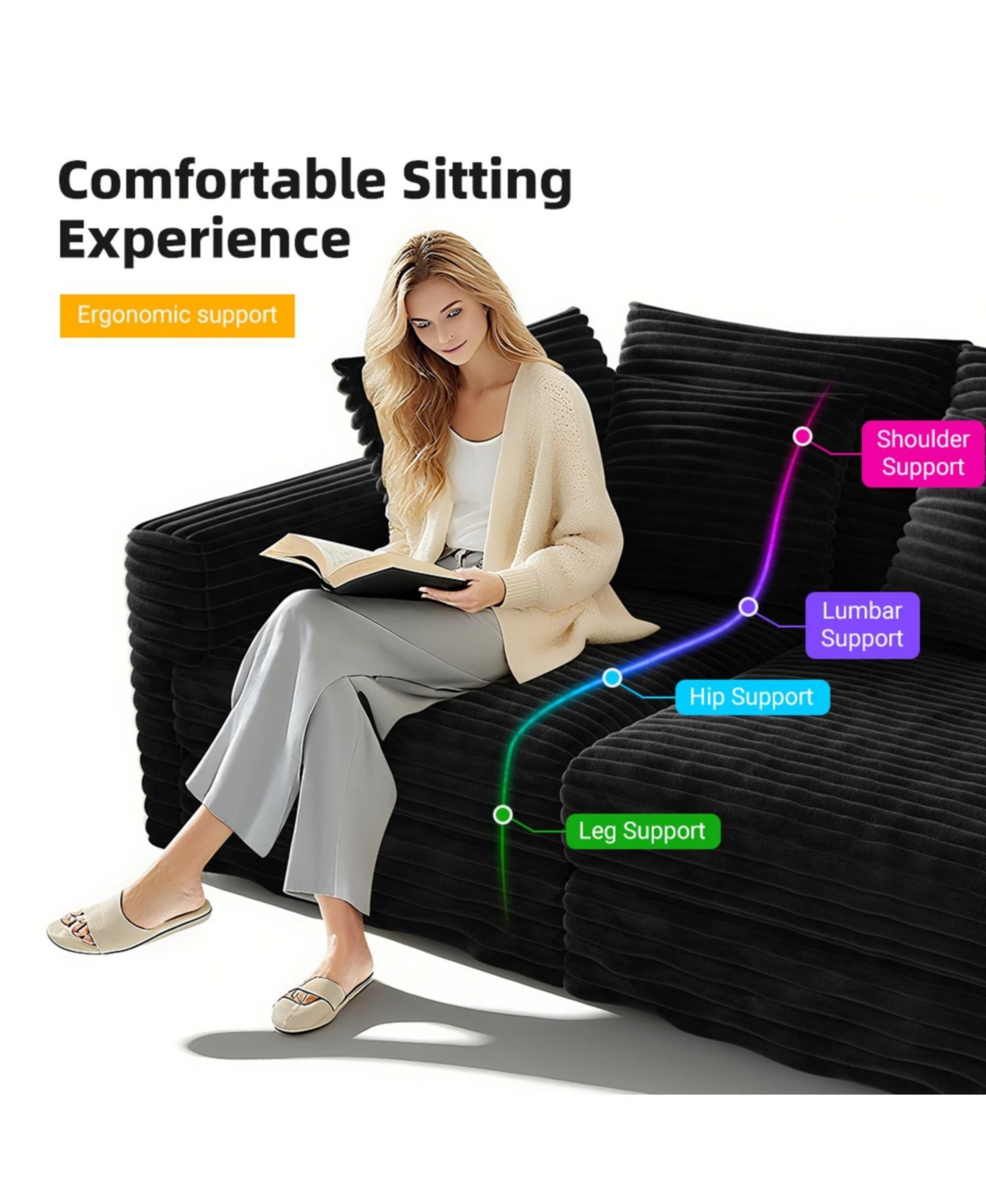 Streamdale Furniture Plush Corduroy 3-Seat Sofa, Modern Comfy Cloud Couch, Deep Seat, Black (Eta-8.28)