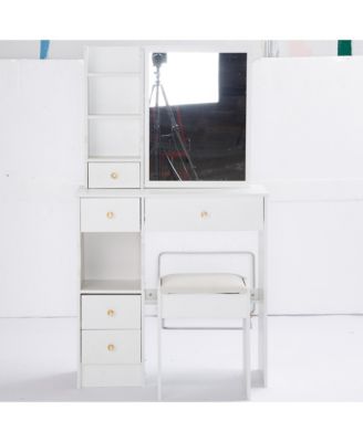 Compact Vanity Table with Large Mirror and Multi-Tier Storage, Stool Included