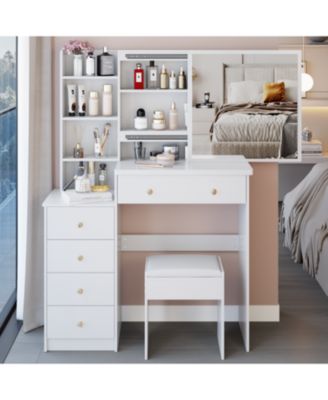 + 37" + Wood + Vanity Table with Mirror, Stool & Storage