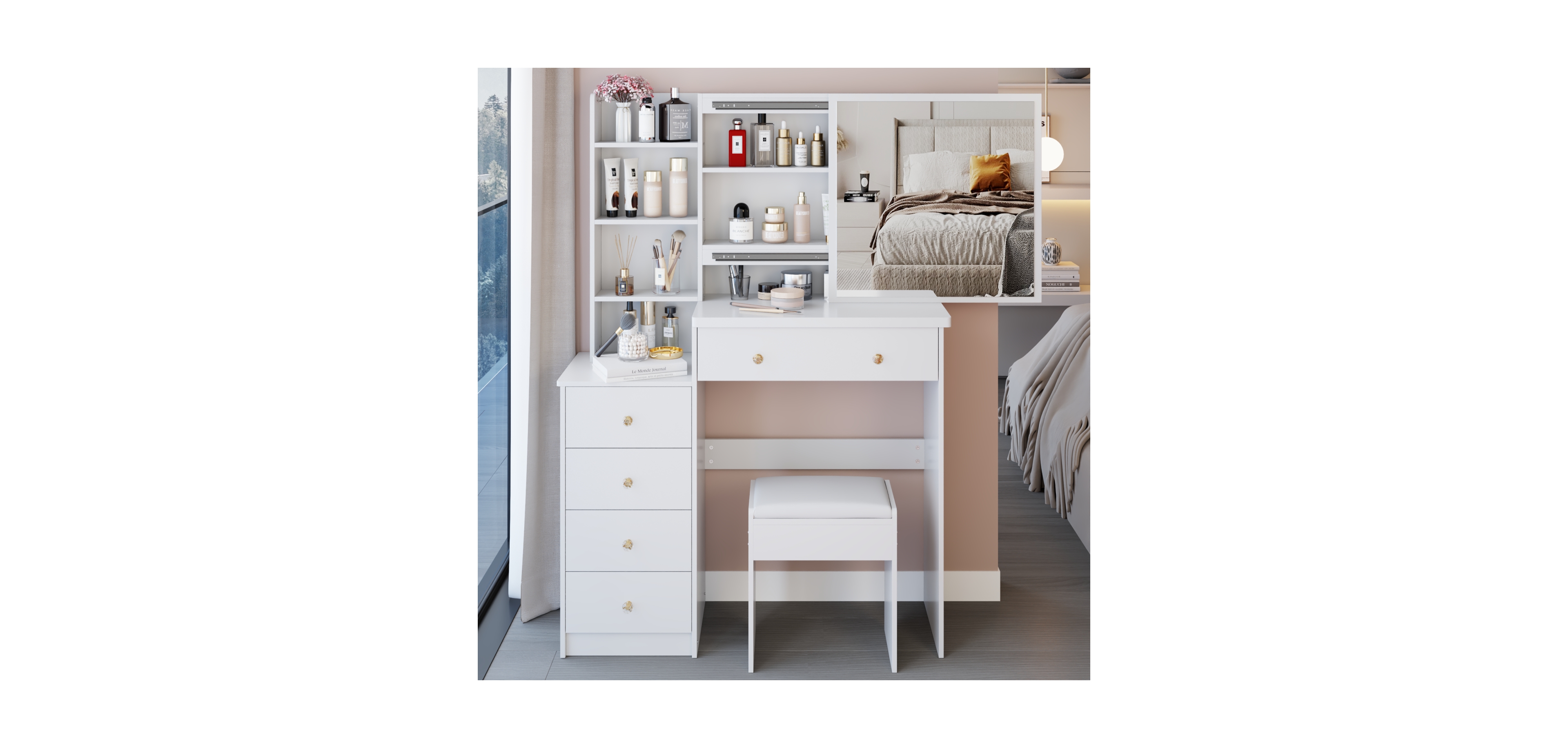 Streamdale Furniture + 37" + Wood + Vanity Table with Mirror, Stool & Storage