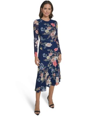 Women's Printed Mesh Long-Sleeve Asymmetrical Hem Bodycon Dress