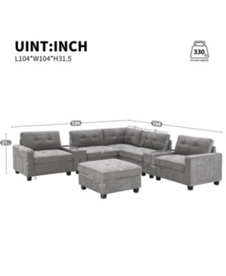 104" Tufted Sectional Sofa with Acrylic Table, Consoles, USB Charger, Storage, Ottoman