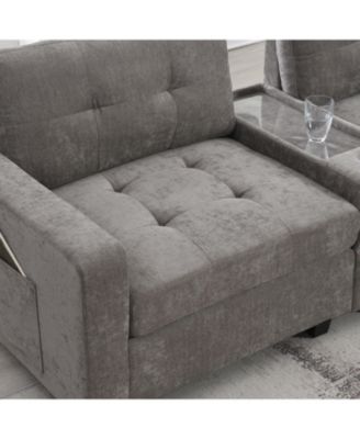 104" Tufted Sectional Sofa with Acrylic Table, Consoles, USB Charger, Storage, Ottoman