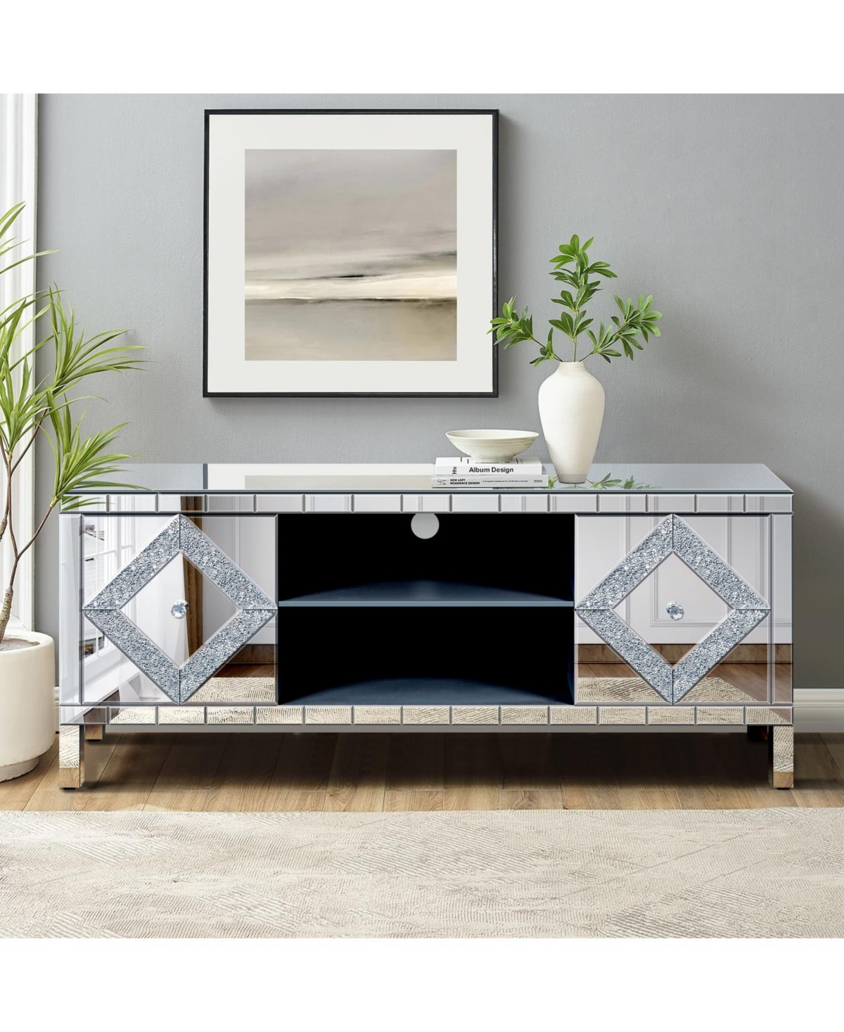 Streamdale Furniture 47" Mirror Tv Console - Diamond Doors Open Storage