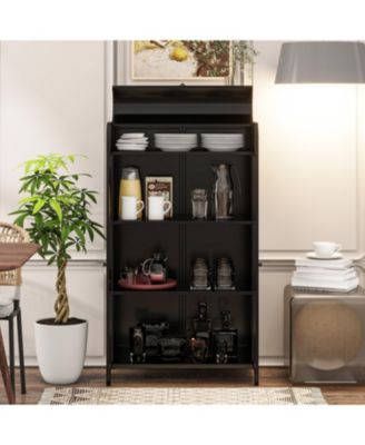 Metal Storage Cabinet with Glass Doors & Open Shelves