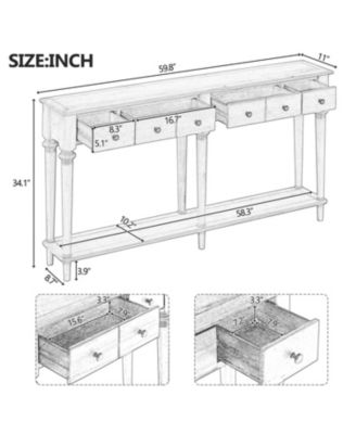 Entryway Table - Retro Console Table with 4 Drawers & Shelf (Grey Wash)