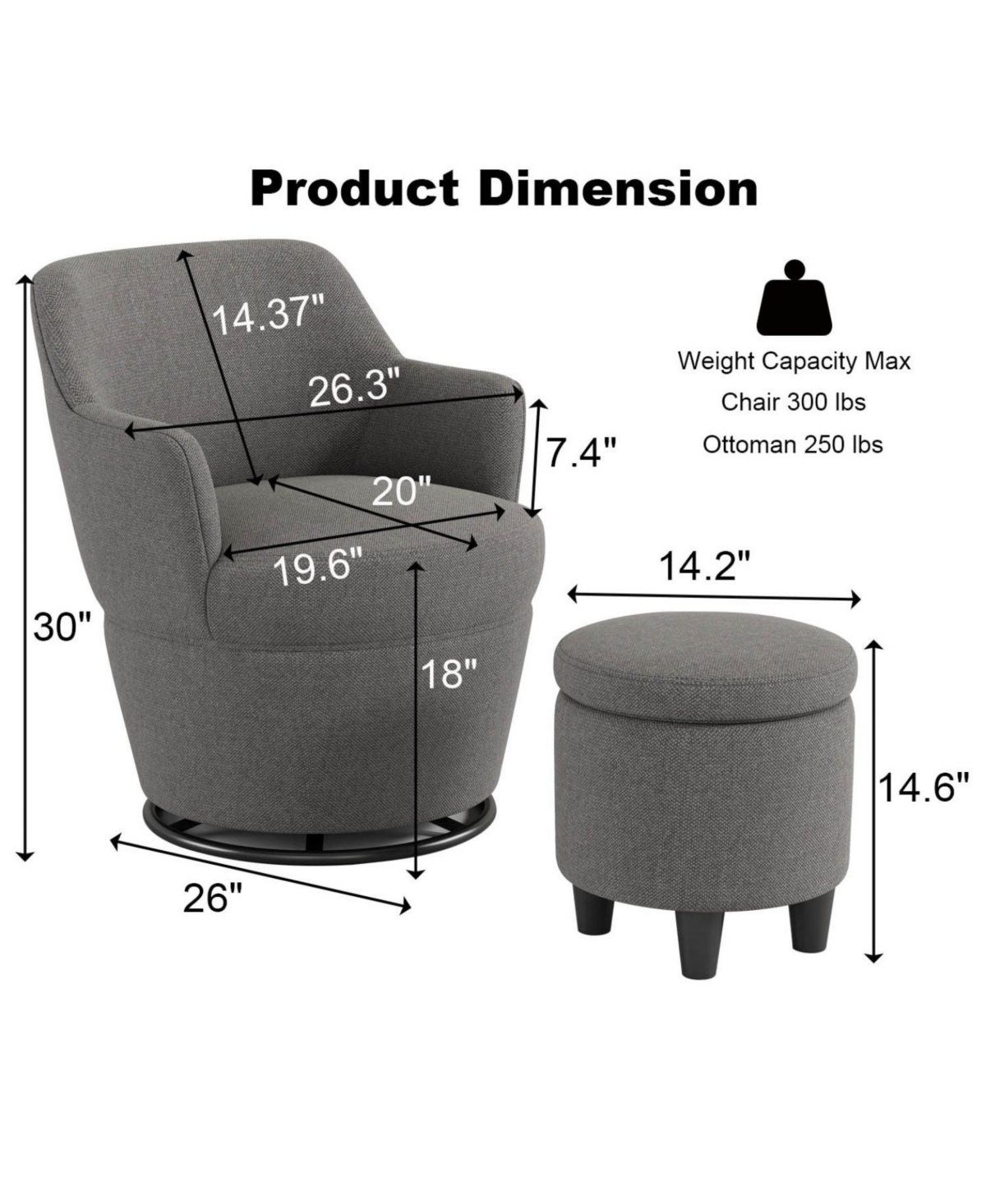 Streamdale Furniture 360 Swivel Accent Chair with Ottoman & Nail Trim