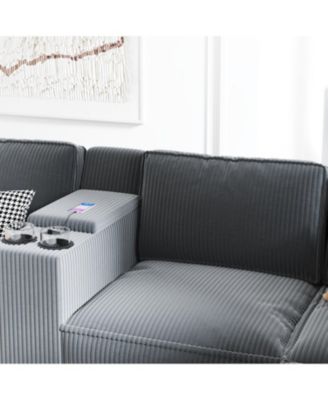 L-Shaped Corduroy Sofa w/ Storage & USB