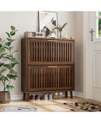 + 2 Pc. + Walnut + 2 Flip Drawers + Shoe Cabinet