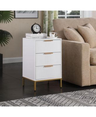 Mid-Century Modern Nightstand with Gold Legs & Wavy Drawers - White