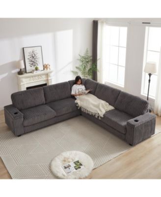 Streamdale Oversized Corduroy Corner Sofa w/ Storage, USB, Cup-holder