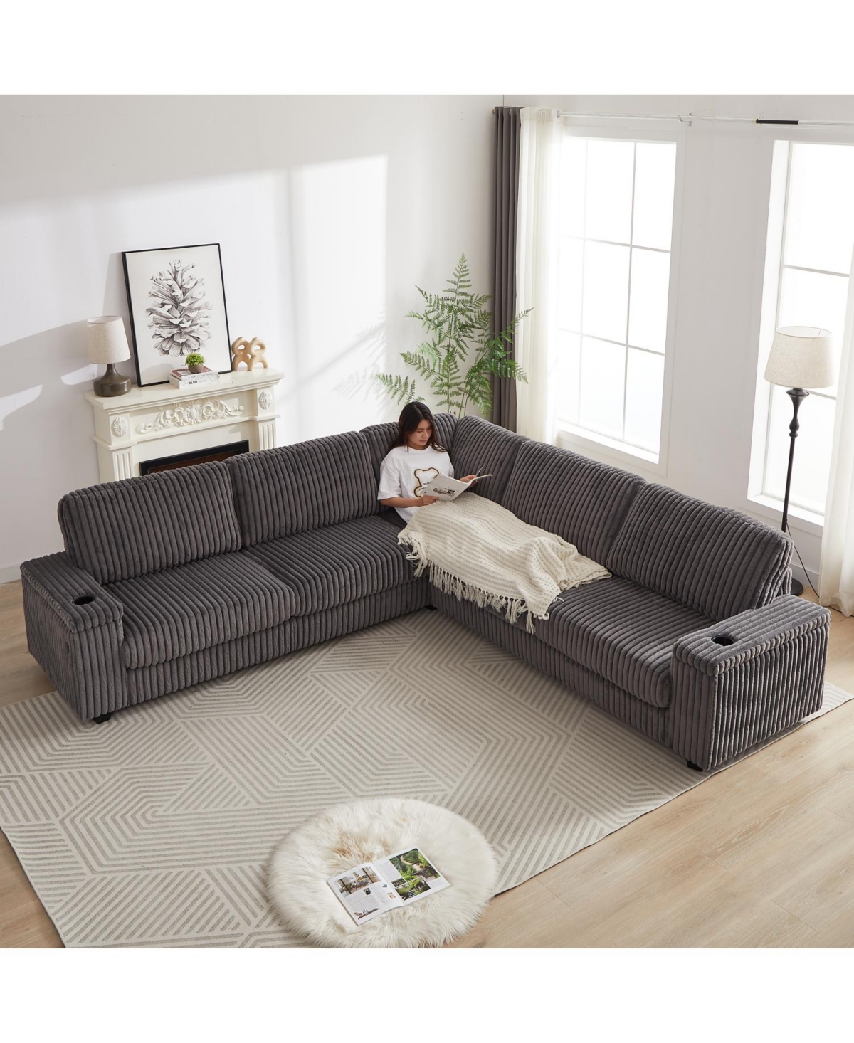 Streamdale Furniture Streamdale Oversized Corduroy Corner Sofa w/ Storage, Usb, Cup-holder