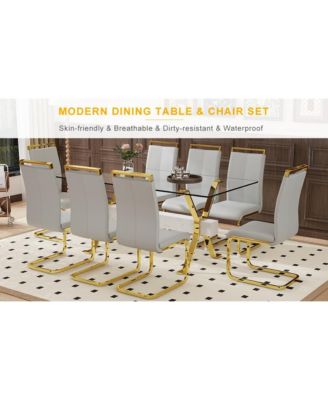  71" Tempered Glass Dining Set with 8 Light Gray PU Chairs