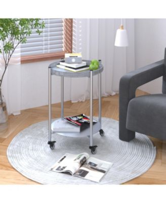 Rolling Coffee Table - 2-Tier Silver Metal Side Table