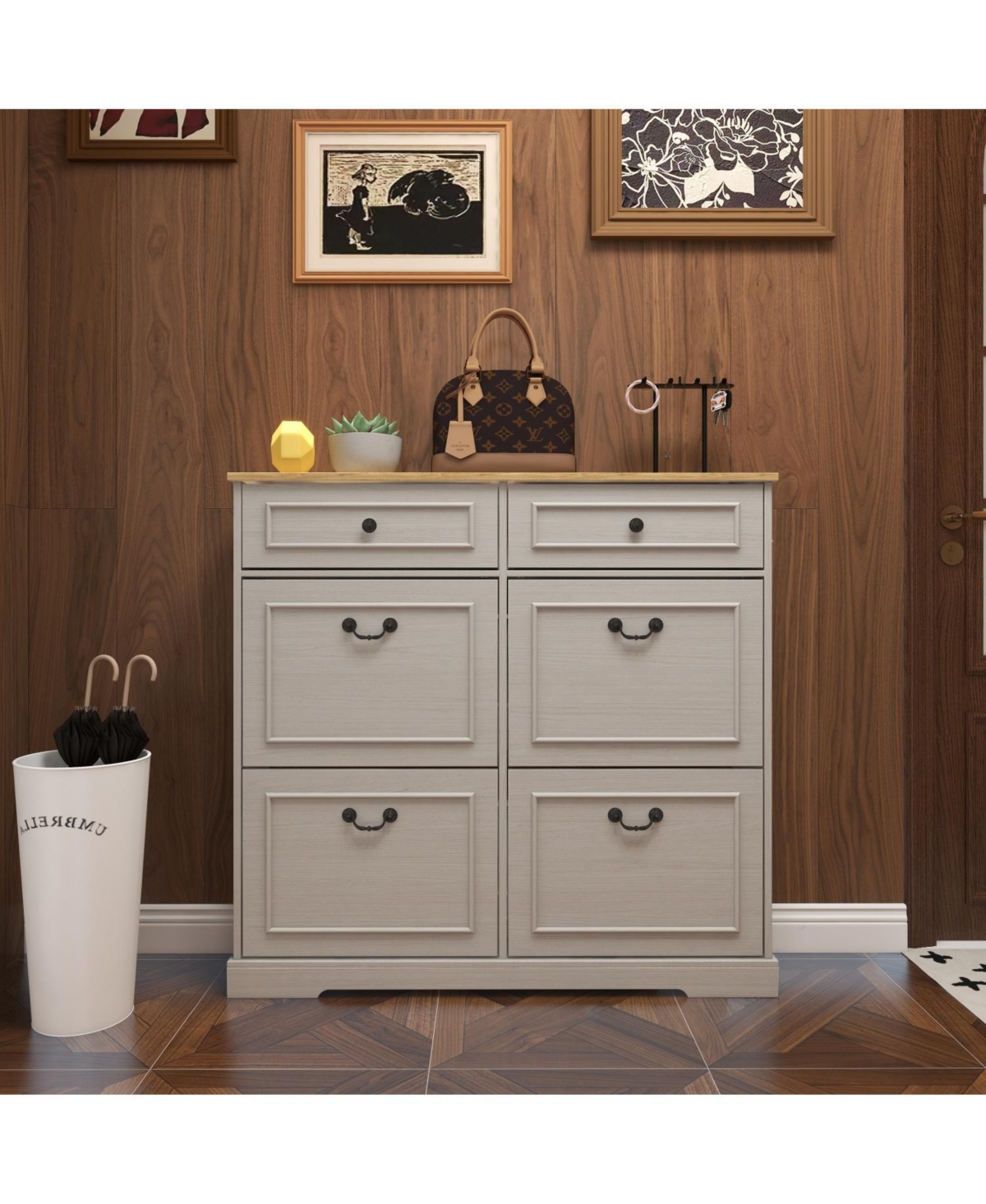 Streamdale Furniture Shoe Storage Cabinet - 2 Drawers, 4 Flip Drawers - Antique White