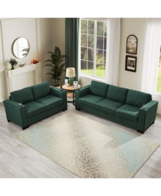 Green Fabric Sofa Set with Cup Holder & Storage