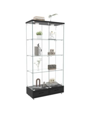 Black Glass Display Cabinet w/ Drawers & LED Lights