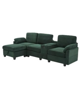  L-Shape Corduroy Sofa- 4-Seater, USB, Storage, Console & Ottoman