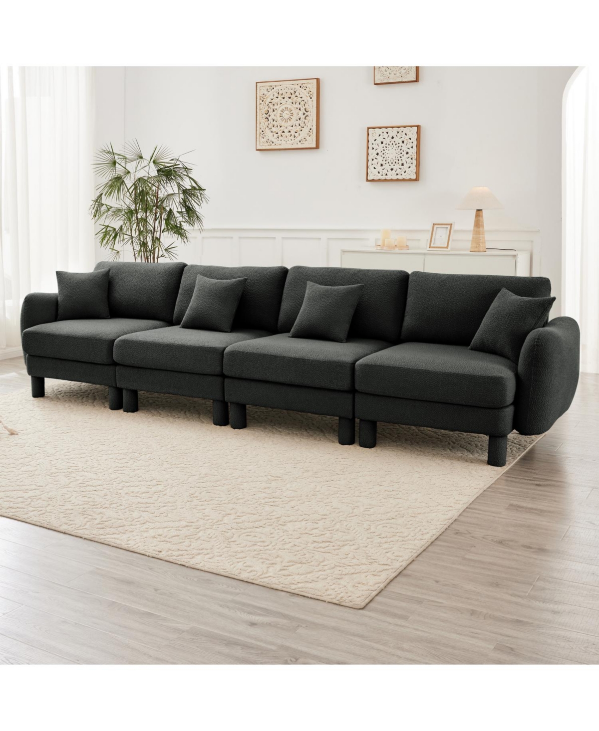 Streamdale Furniture Streamdale Dark Grey Boucle 4-Seater Sofa with Shell Armrests
