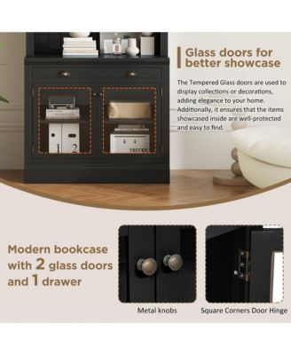 Modern Bookcase with Glass Doors & Drawer - Black