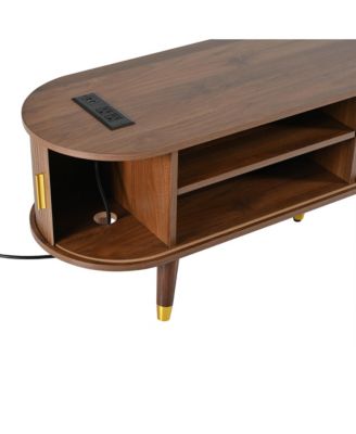 Streamdale Wooden Oval TV Stand with Charging Station, Mid-Century Media Console, Walnut